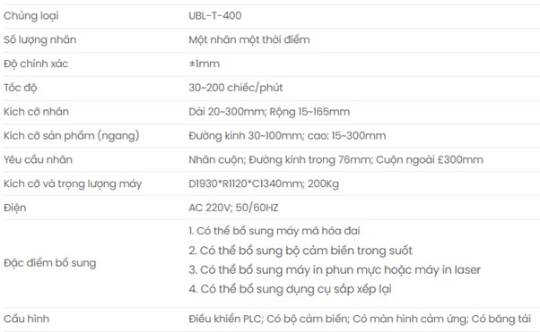 Thông số máy dán nhãn chai tròn tự động UBL-T-400 Thông số máy dán nhãn chai tròn tự động UBL-T-400