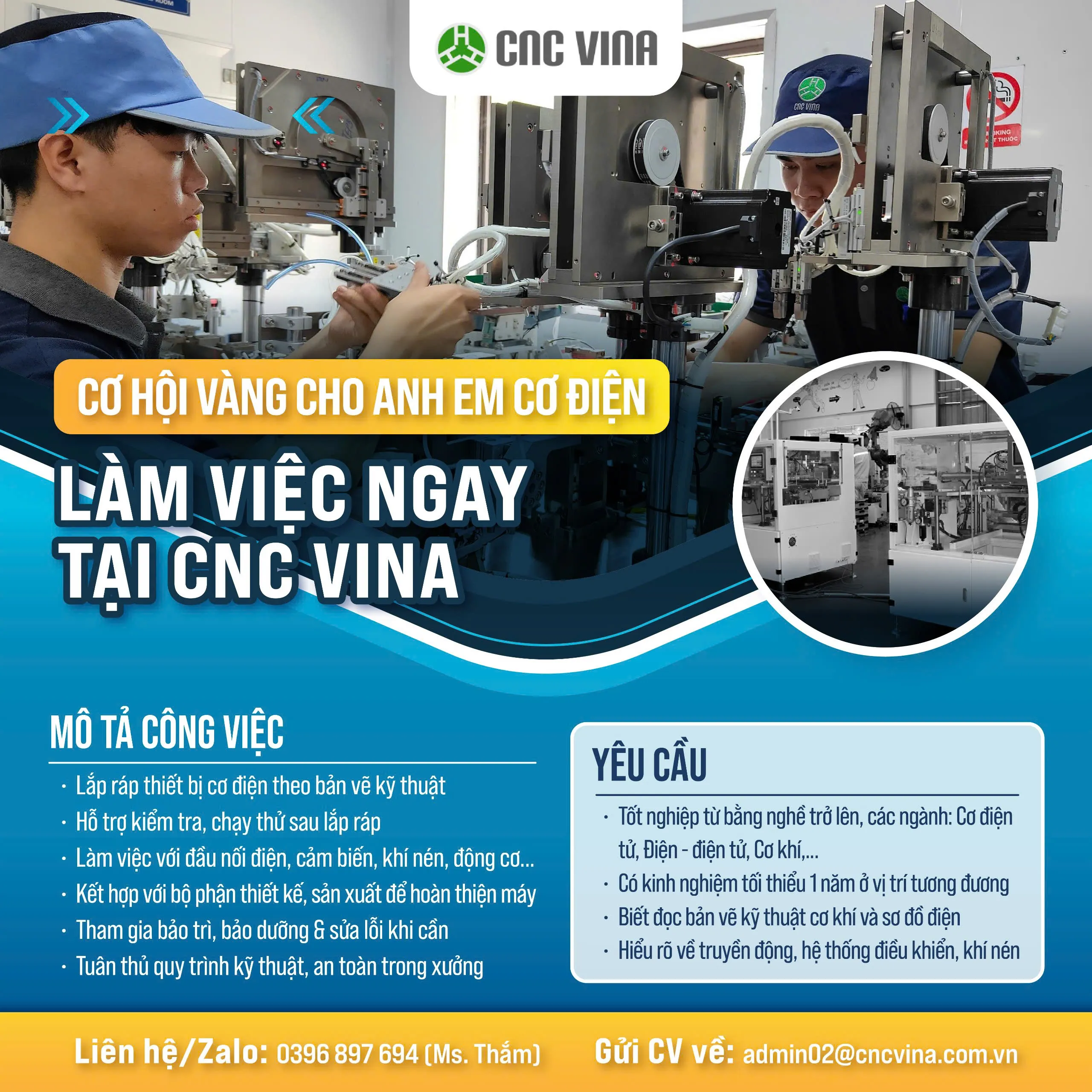 CNC VINA tuyển dụng Nhân viên lắp ráp cơ điện CNC VINA tuyển dụng Nhân viên lắp ráp cơ điện